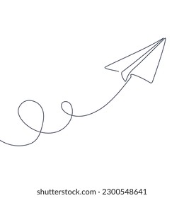 Paper airplane drawing one line. Continuous single black line art. Plane origami. Vector illustration isolated on white background.