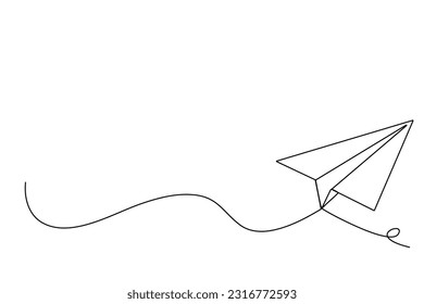 Paper airplane drawing vector using continuous single line art style, isolated on white background.
