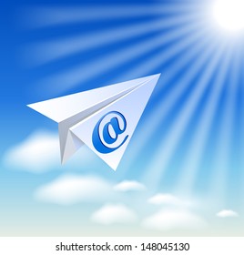 Paper airplane with e-mail sign in the sky