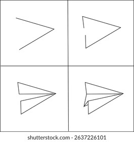 Paper Airplane Evolution Vector Set – Minimalist Line Art Icons Showing Step-by-Step Drawing Process for Design, UI, and Kids Education Projects