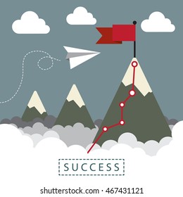 Paper airplane and flag on the mountain peak. Hiking trail. Business concept, goal achievement, success, winning. Flat style vector