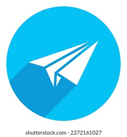 Paper airplane. flat icon. long shadow design. blue background.