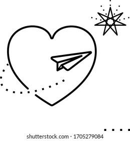 Paper airplane flies around the heart to the star. New relationship abstract concept black and white vector illustration in outlines.