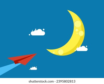 Paper airplane flies to the moon. Imagination and dream concept 