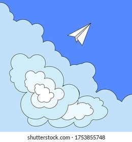 paper airplane flies out of the clouds
