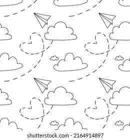 a paper airplane flies through the sky and leaves a trail in the form of a heart among the clouds. vector seamless pattern for printing on fabric, paper. for decoration and wide application