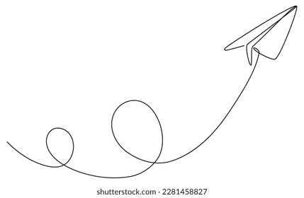Paper airplane flight continuous line drawing. Vector illustration isolated on white.