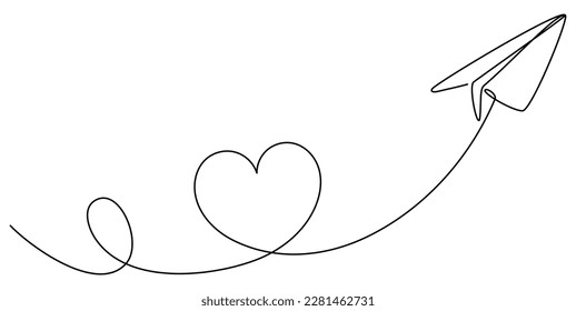 Paper airplane flight continuous line drawing. Heart linear shape path. Vector illustration isolated on white.