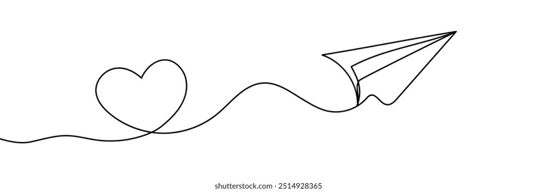 Paper airplane flight continuous line drawing. Heart linear shape path. Vector illustration isolated on white.