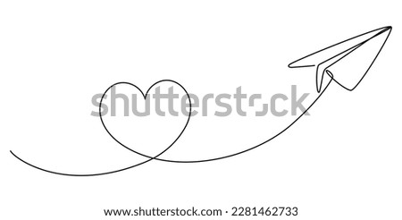Paper airplane flight continuous line drawing. Heart linear shape path. Vector illustration isolated on white.
