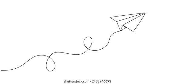 Paper airplane flight with one continuous editable line. Concept of email, travel,business trip. Vector abstract illustration.