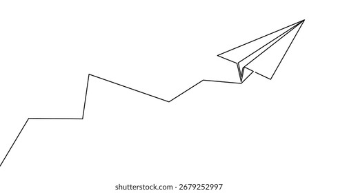 Avión de papel con ruta de vuelo en un estilo de arte de línea. Dibujo plano de papel con trazo negro editable. Ilustración vectorial.