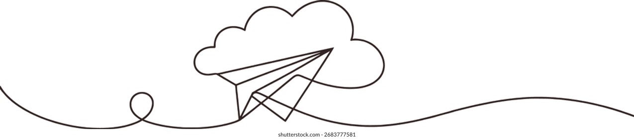 A paper airplane in flight towards a cloud, rendered in a single continuous line.