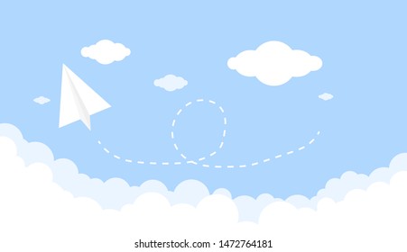 Paper airplane floating on the sky vector illustration.