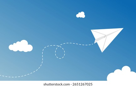 Paper airplane fly above the clouds, vector art illustration.