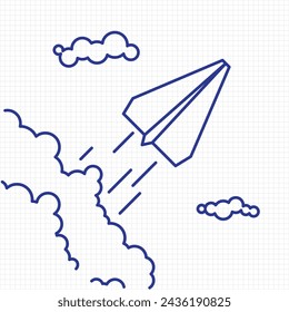 Paper airplane fly through the cloud on book grid background, freedom airplane toy or transportation direction business growth idea concept