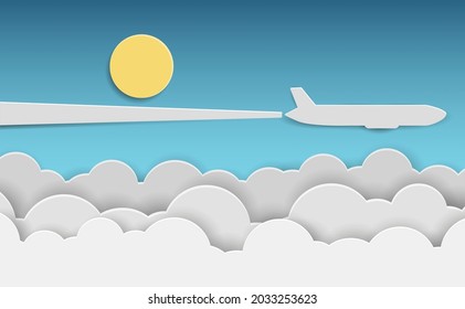 Paper airplane flying above clouds in blue sky. vector illustration