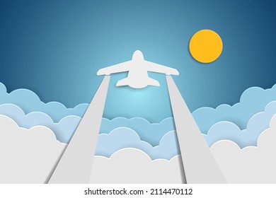 Paper airplane flying above clouds in blue sky. vector illustration