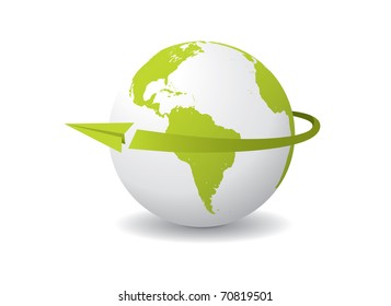 A paper airplane flying around the globe. Editable vector illustration.