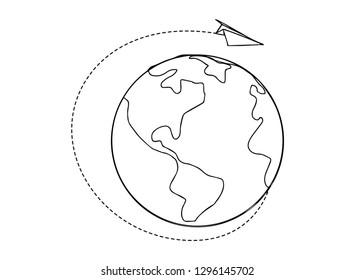Paper airplane flying around the world illustration
