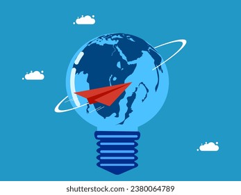 Paper airplane flying around the world of light bulbs. Vector 