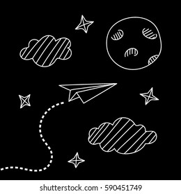 Paper airplane flying between clouds to the moon hand drawn sketch chalkboard vector illustration