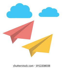 paper airplane flying to cloud, flat vector illustration