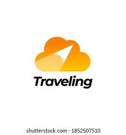 Paper Airplane Flying With The Cloud Logo Design. Paper plane within the cloud vector logo for travel company