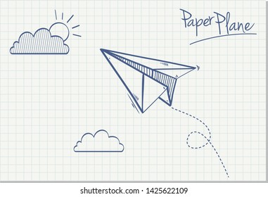 Paper airplane flying from clouds on blue sky 