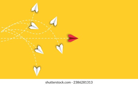 paper airplane flying in different direction on blue background. Business concept for new idea, creativity, innovation and solution.	
