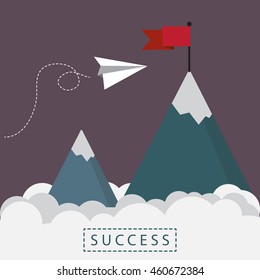 Paper airplane flying to the mountain and red flag that show the concept of success in business vector background design
