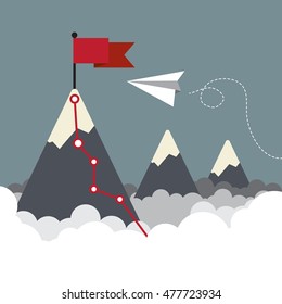 Paper airplane flying to the mountain and red flag that show the concept of success in business vector background design