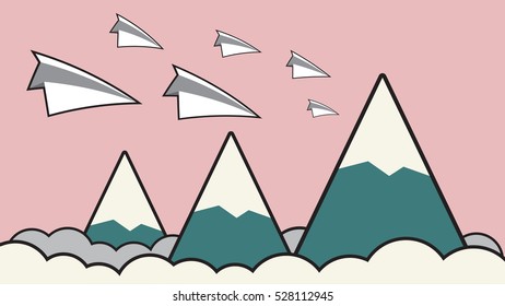 Paper airplane flying to the mountain and red flag that show the concept of success in business vector background design