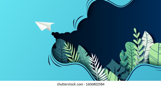 Paper airplane flying on dark blue background with Green leaf landing page website template.Vector illustration.