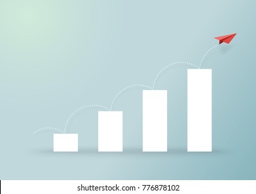 Paper airplane flying on growing graph.Paper art style of business success creative concept idea.Vector illustration