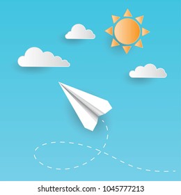 Paper airplane flying on the sky with clouds and sun