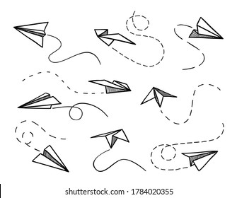 Paper airplane. Flying origami planes from different angles, contour airplanes and dotted line, travel route symbol black outline vector isolated set