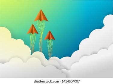 Paper airplane flying over the clouds Business concept design vector image.