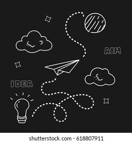 Paper airplane flying in the sky between the clouds to the moon. New idea, reaching goal or aim concept on the blackboard background. Vector sketch doodle hand drawn illustration. 