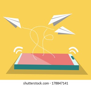 Paper airplane flying from smart phone. Technology Concept. vector