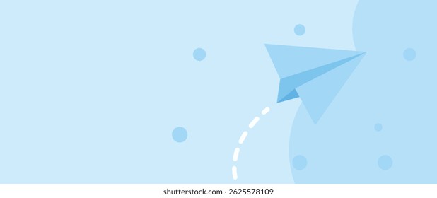 Paper airplane flying upward with a dashed white line showing its trajectory on a light blue background.