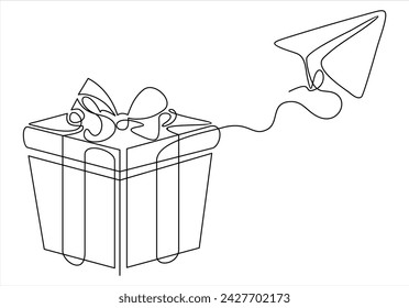Paper airplane with gift box.continuous line drawing	