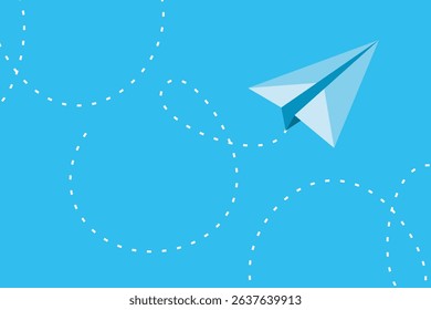 Paper airplane gliding through a bright blue sky with imaginative flight patterns in the background