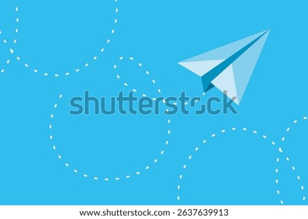 Paper airplane gliding through a bright blue sky with imaginative flight patterns in the background