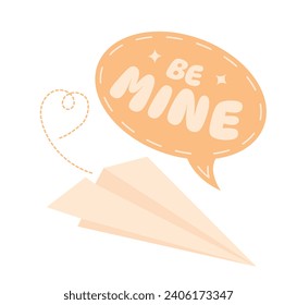 paper airplane with heart and inscription be mine. paper airplane with message