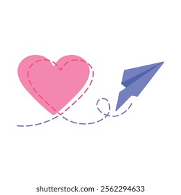 Paper airplane with heart. Message to your loved one.Valentine's day compliments. Vector illustration isolated on white background.