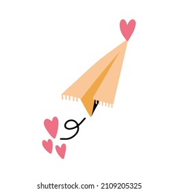 Avión de papel con corazón. Elemento de doodle extraído a mano del vector romántico 