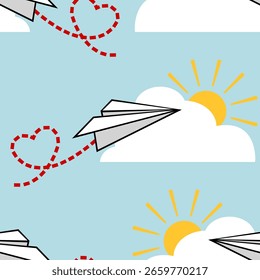 Avión de papel y corazón - patrón sin fisuras - Imagen de Vector de repetición; Fácilmente editable; Diseño sin fin; Ilustración colorida. Impresión para papel de regalo, embalaje, etc.