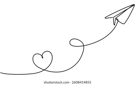 Paper airplane with heart shape trail continuous line drawing. Origami plane symbol. Vector illustration isolated on white.