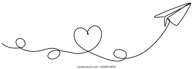 Paper airplane with heart shape trail continuous line drawing. Origami plane symbol. Vector illustration isolated on white.